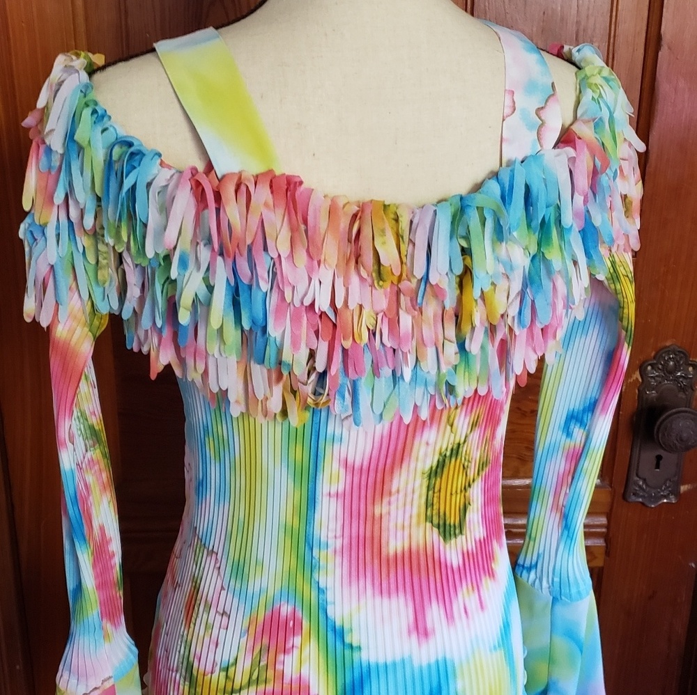 Tied dyed Boho fringed & pleated off the shoulder
